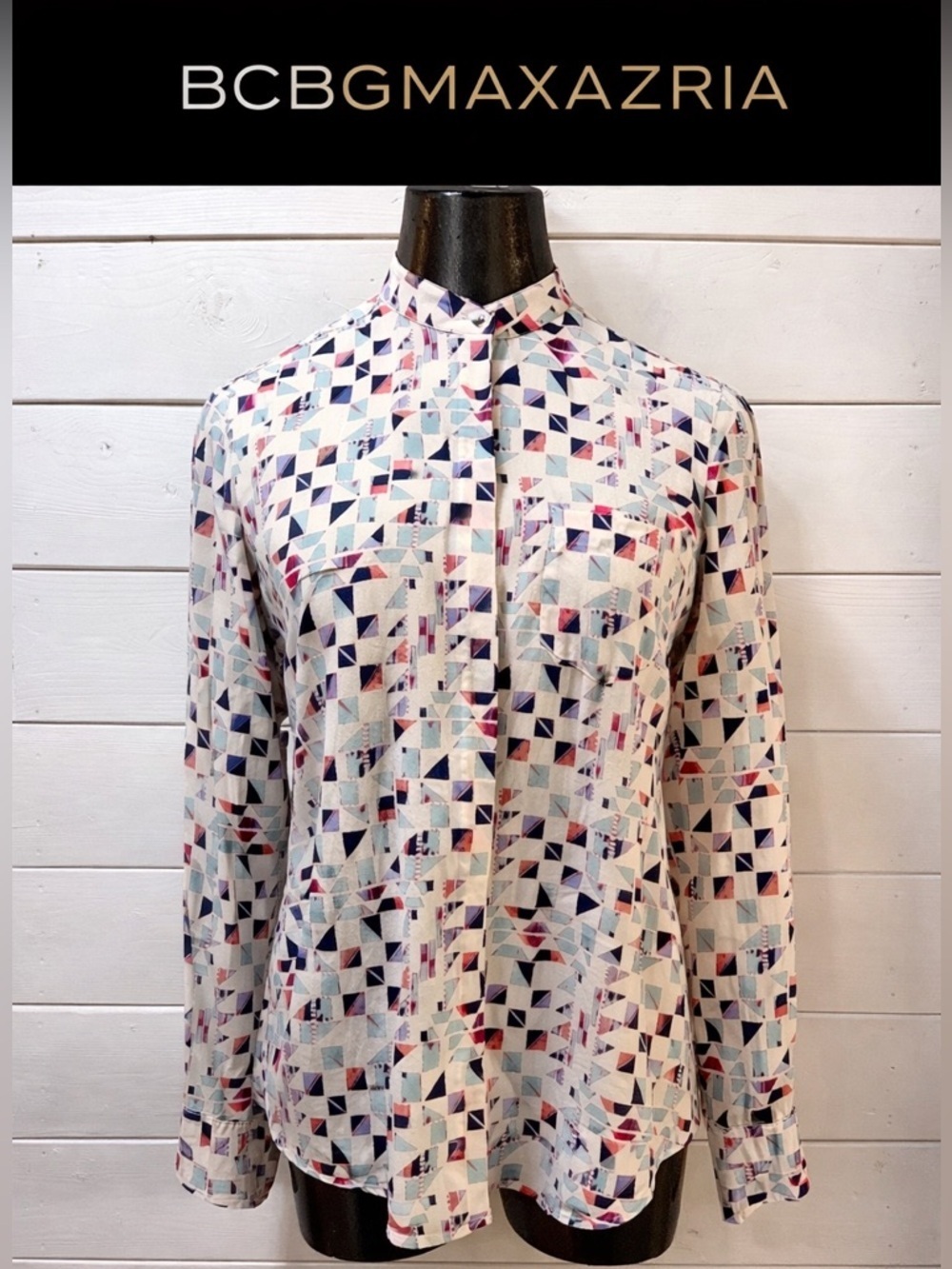 BCBGMAXAZRIA Ivory Multicolor Geometric Print Silk Blouse – Size S